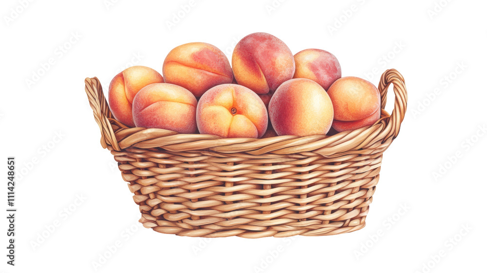 Fresh peaches harvested in a basket farm food photography rustic setting Fresh peaches harvested in a basket farm food photography rustic setting