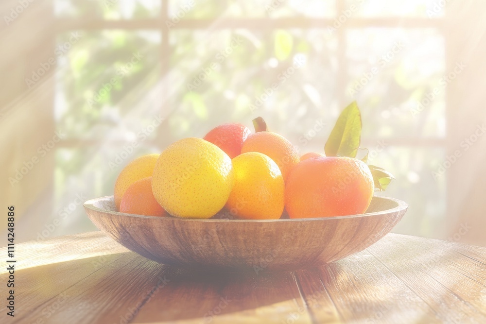 A vibrant bowl of fresh citrus fruits, including oranges and lemons, illuminated by soft morning light. A vibrant bowl of fresh citrus fruits, including oranges and lemons, illuminated by soft morning light.