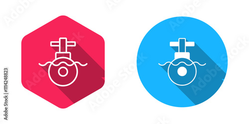 Filled and outline Submarine icon isolated with long shadow background. Military ship. Vector