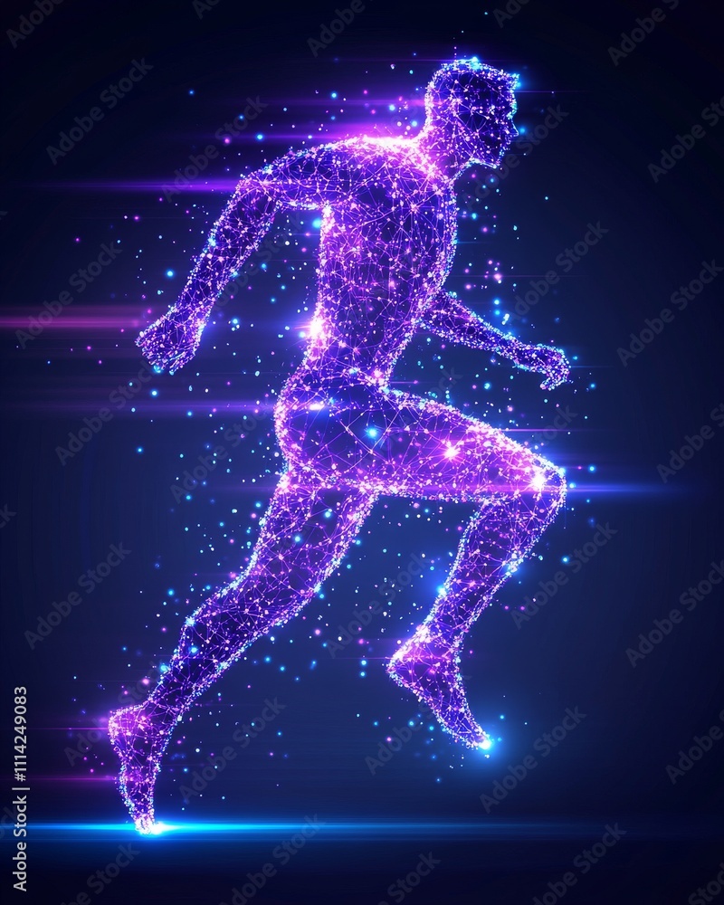 Fototapeta premium A dynamic silhouette of a male figure running, illustrated with vibrant, glowing particles representing energy and movement.