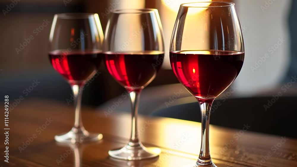 Three glasses of red wine on the table against sunlight, sideways dolly shot Three glasses of red wine on the table against sunlight, sideways dolly shot