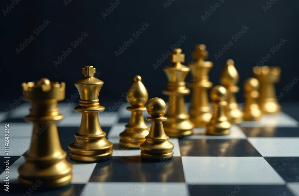 chessboard with golden king piece leading formation of pawns. playing chess, decision-making, strategic thinking, ancient table game chessboard with golden king piece leading formation of pawns. playing chess, decision-making, strategic thinking, ancient table game