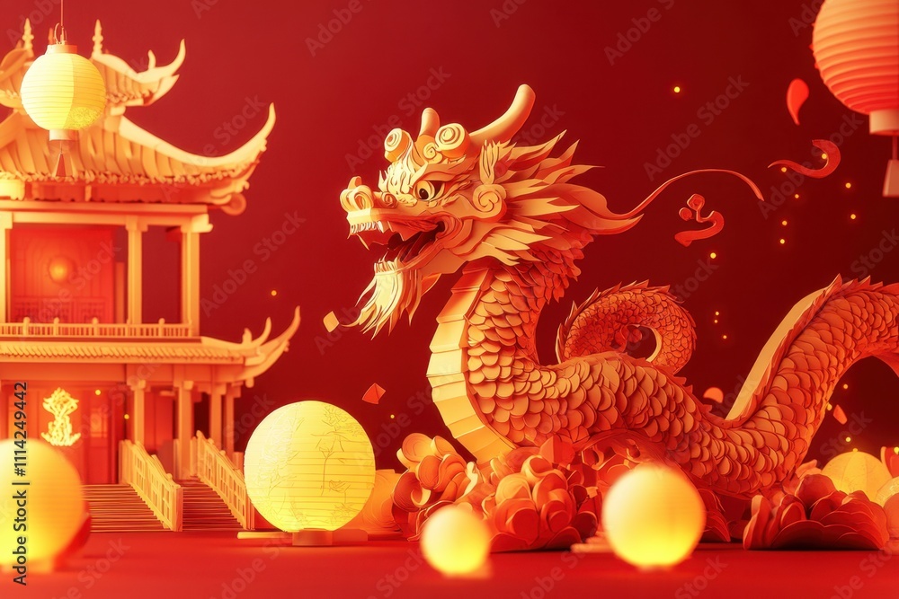 Chinese New Year Dragon Festive Celebration: 3D Render of Dragon with Lanterns and Pagoda Chinese New Year Dragon Festive Celebration: 3D Render of Dragon with Lanterns and Pagoda