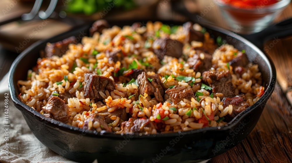 Slow cook rice for a tasty dish. Savory beef rice dish in skillet Slow cook rice for a tasty dish. Savory beef rice dish in skillet