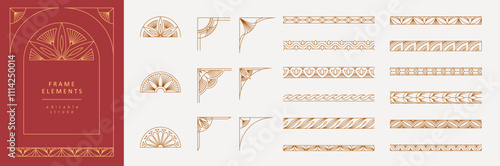 Frame constructor of boho geometric design elements. Simple corner, wreath and seamless borders for book covers print, social media and packaging or wedding greeting card. Vector illustration