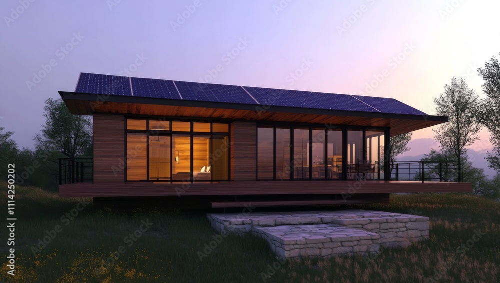 Obraz premium 3D Rendering of Eco-Friendly Wooden House with Solar Panels, Large Windows, Spacious Balcony, and Warm Interior in Nature at Dusk