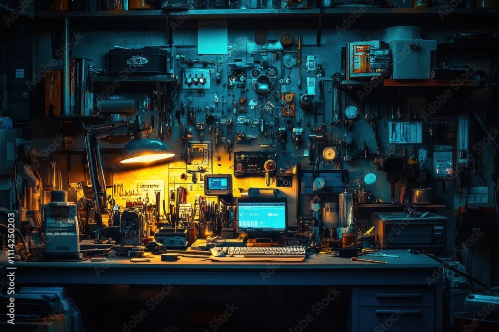 Crafting innovations in a dimly lit workshop tools and technology indoor environment focused workspace creative concepts Crafting innovations in a dimly lit workshop tools and technology indoor environment focused workspace creative concepts