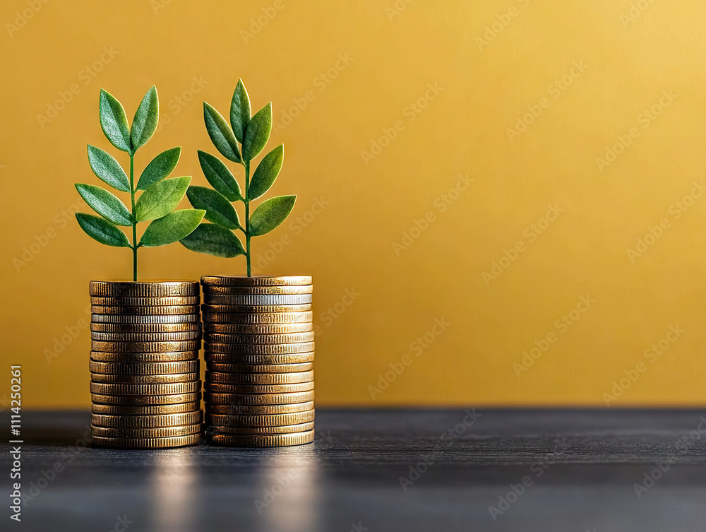 Coins stacked with plant growth symbolize financial planning and future expense calculation Coins stacked with plant growth symbolize financial planning and future expense calculation