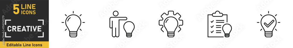 Creative idea line icon set. Set of 5 outline icons related to creative, idea, bulb and more. Vector illustration. Creative idea line icon set. Set of 5 outline icons related to creative, idea, bulb and more. Vector illustration.