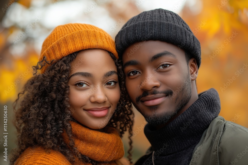 Young couple embraces autumn fashion with stylish knit hats and cozy sweaters Young couple embraces autumn fashion with stylish knit hats and cozy sweaters