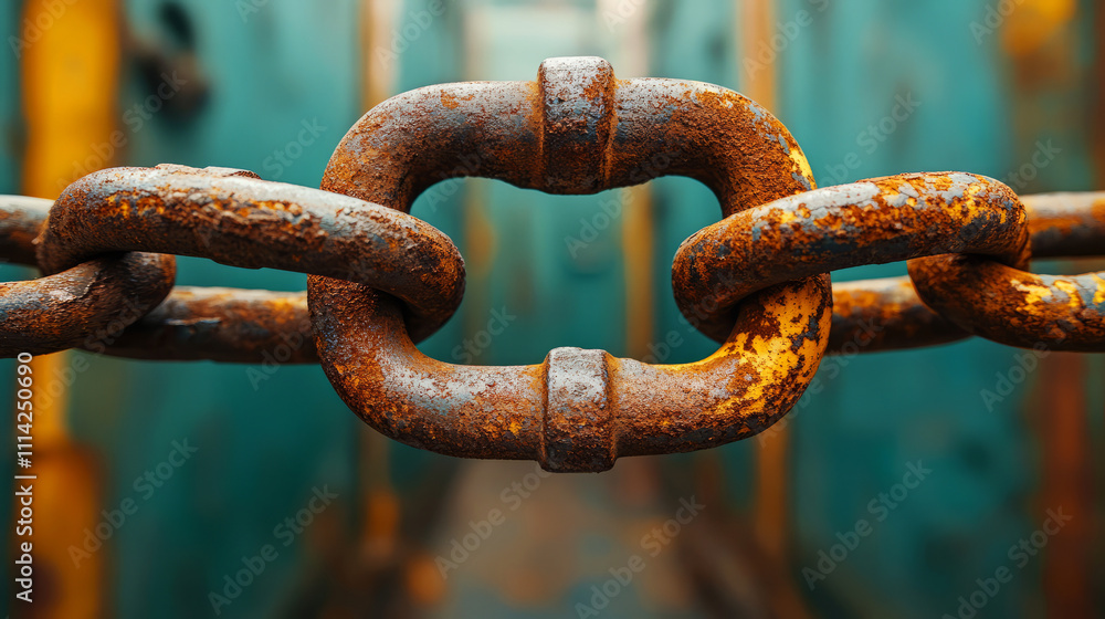 Rusty metal chain link with blurred background of industrial setting and vibrant colors Rusty metal chain link with blurred background of industrial setting and vibrant colors