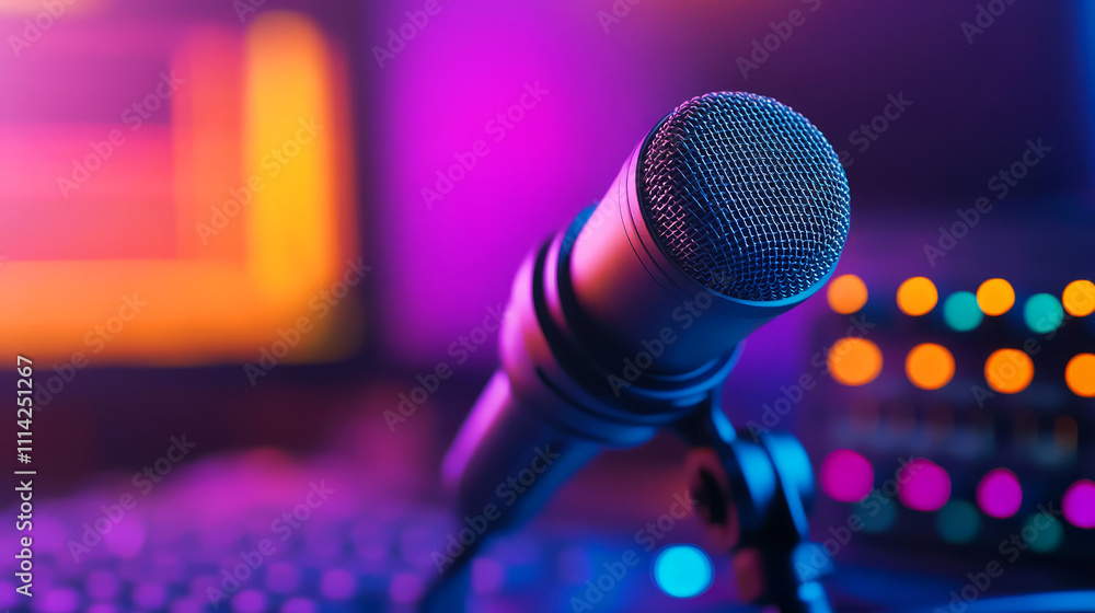 Close-up of a microphone with colorful background in a music production studio setting Close-up of a microphone with colorful background in a music production studio setting