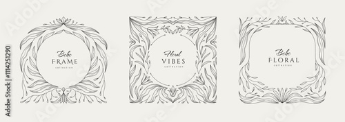 Retro floral frame or cover. Botanic design elements in wavy and naive style. Boho leaves branches and blooming print for poster, social media and packaging or greeting card. Vector illustration
