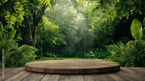 Rustic wooden podium among lush greenery outdoor nature scene natural environment elevated perspective conceptual display