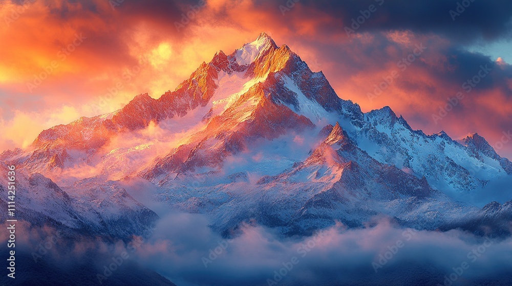 Majestic snow-capped mountain peak at sunset. Majestic snow-capped mountain peak at sunset.