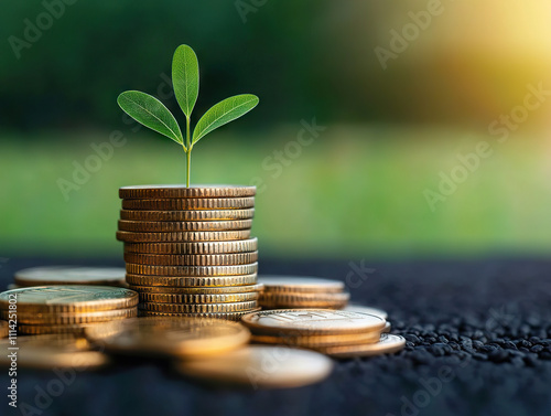 Coins stacked with growing plant symbolize financial growth, investment, and sustainability photo