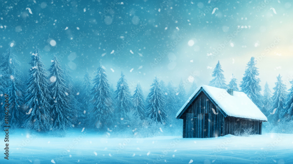 Naklejka premium Cozy Wooden House Surrounded by Snowy Pine Trees in Winter Landscape with Falling Snow