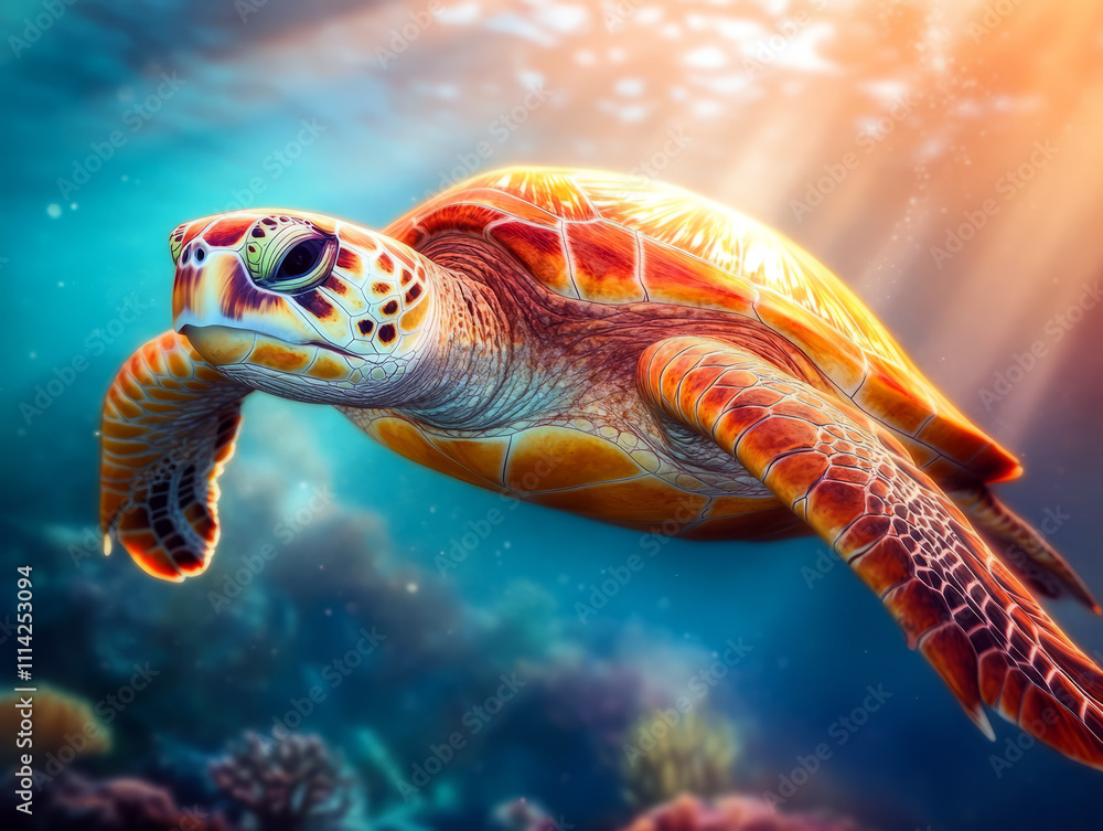 Fototapeta premium Colorful Sea Turtle Swimming Gracefully in Vibrant Coral Reef Underwater Environment