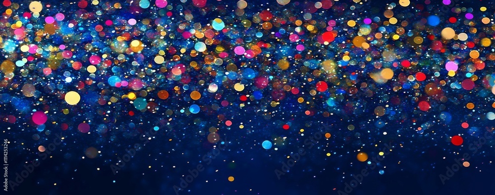 Colorful Bokeh Lights on Dark Blue Canvas. Abstract and Festive Atmosphere for New Year's Celebrations and Events. Colorful Bokeh Lights on Dark Blue Canvas. Abstract and Festive Atmosphere for New Year's Celebrations and Events.