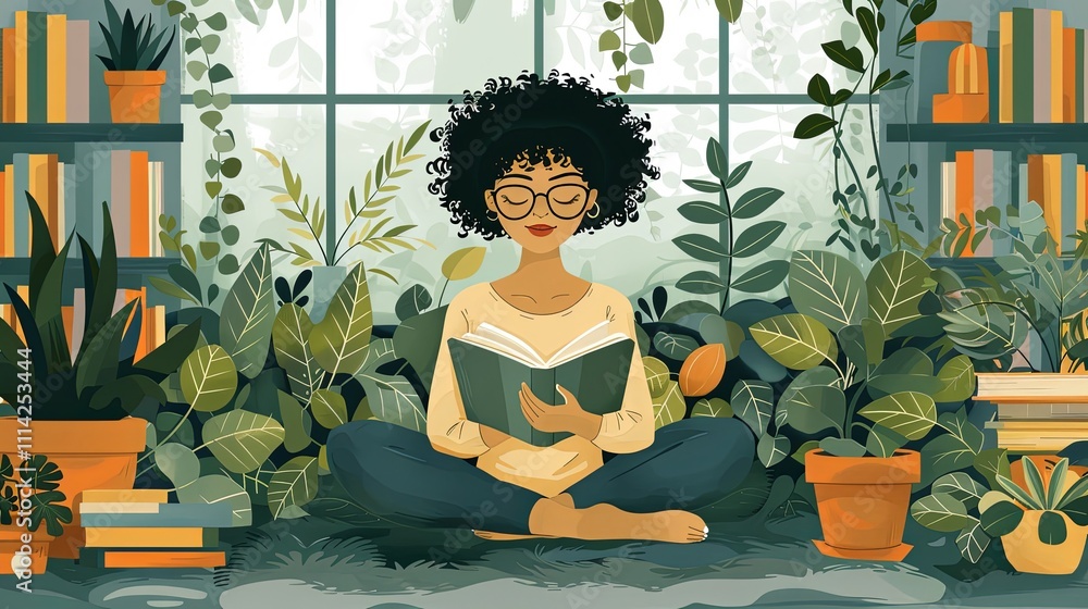 A cozy illustration of a person journaling and meditating, surrounded by calming plants and cozy items A cozy illustration of a person journaling and meditating, surrounded by calming plants and cozy items