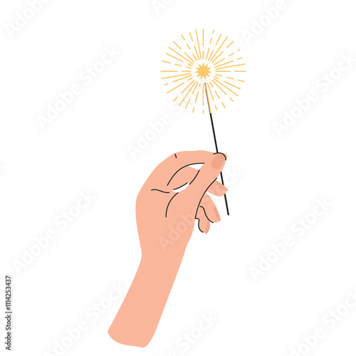 Sparklers in human hand on white background. Hand holding burning sparklers. Holiday concept.
 Vector illustration in flat style. Isolated on white background.