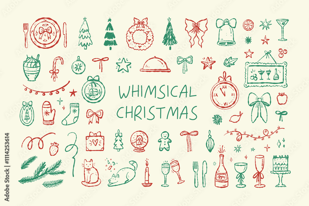 Fototapeta premium Whimsical christmas set in vintage retro style