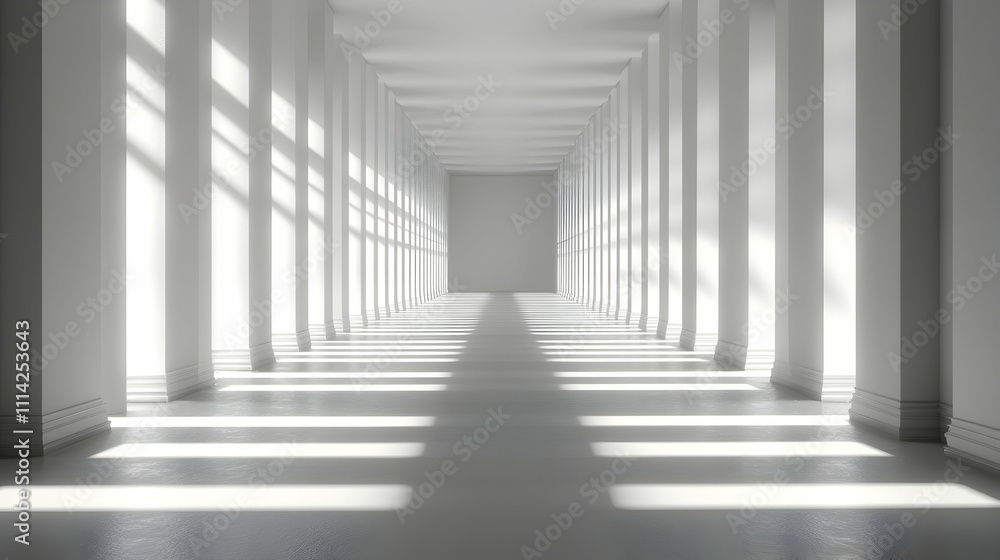 Sunlit white hallway with columns. Sunlit white hallway with columns.