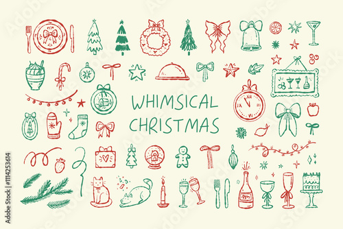 Whimsical christmas set in vintage retro style