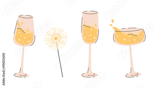 Set of champagne glasses. Champagne glasses. Alcoholic drinks for birthday parties. Vector illustration in flat style.