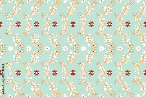 Elegant floral pattern featuring intricate golden leaves, red blossoms, and white flowers on a soft pastel green background, exuding sophistication and timeless beauty