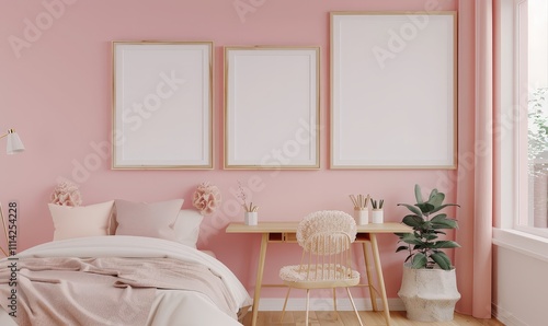 Minimalist pink bedroom with a bed. desk. chair. and three blank frames