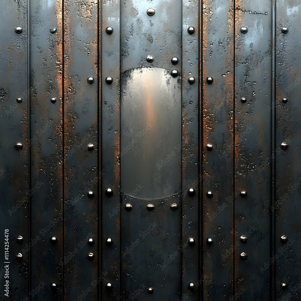 Rusted metal texture with rivets and central plate.
