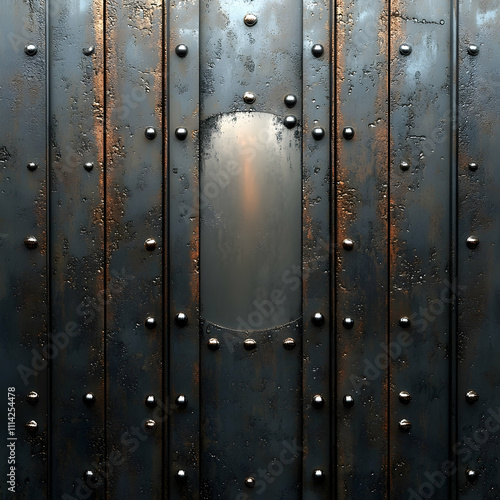 Rusted metal texture with rivets and central plate.