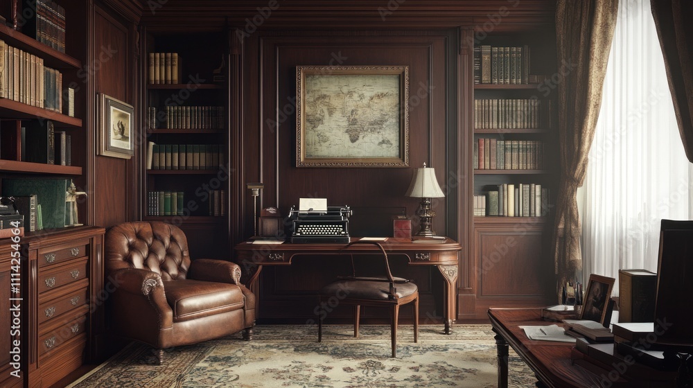 Classic study with leather chair, wooden desk, bookshelves, and world map. Classic study with leather chair, wooden desk, bookshelves, and world map.