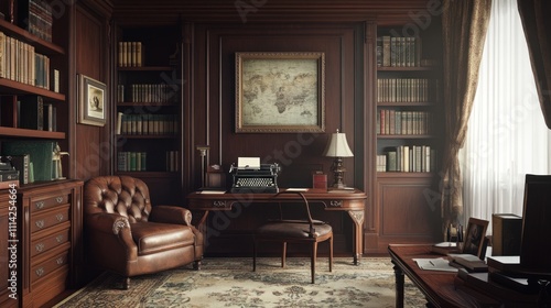 Wallpaper Mural Classic study with leather chair, wooden desk, bookshelves, and world map. Torontodigital.ca