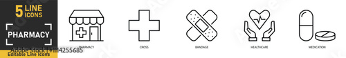 Pharmacy line icon set. Set of 5 outline icons related to pharmacy, cross, bandage, healthcare, medication and more. Vector illustration.