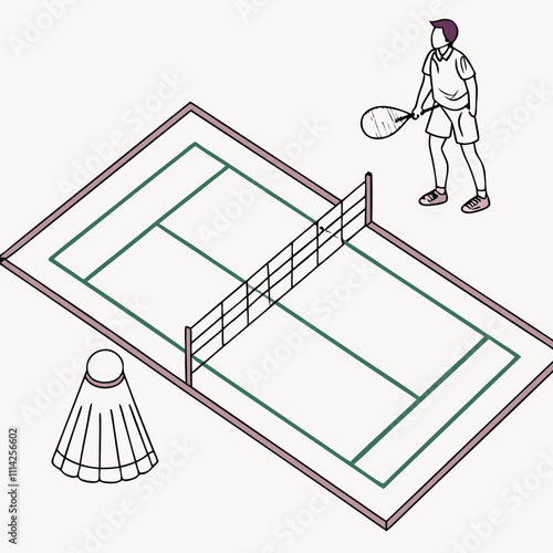 badminton Court and a shuttlecock isolated on a white background 