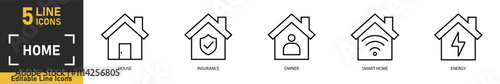 Home line icon set. Set of 5 outline icons related to house, insurance, owner, smart home, energy and more. Vector illustration.