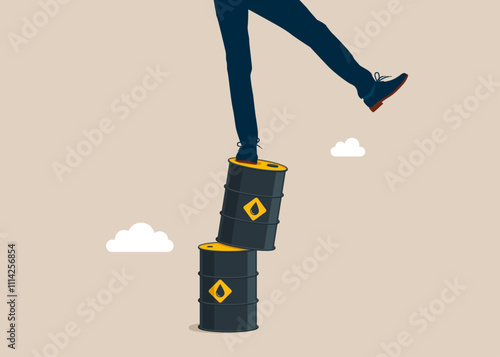 Businessman falling from stack of unstable Oil barrels. Oil price crash. Crisis and uncertainty. Flat vector illustration