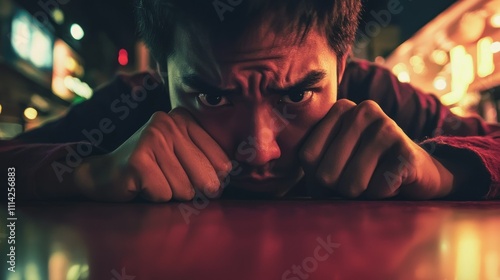 A close-up of a person gripping the edge of a table, their face showing deep frustration and anxiety, with a dimly lit background."