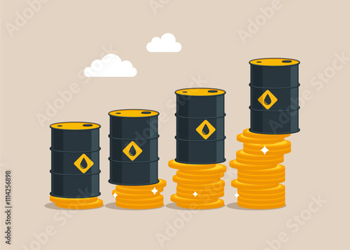 Oil barrels on stack of golden coins. Growth rise of oil stock prices and growth of extraction concept. Modern flat vector illustration.