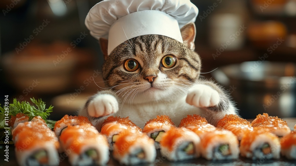 Obraz premium Cute red cat in a chef's hat cooking sushi.