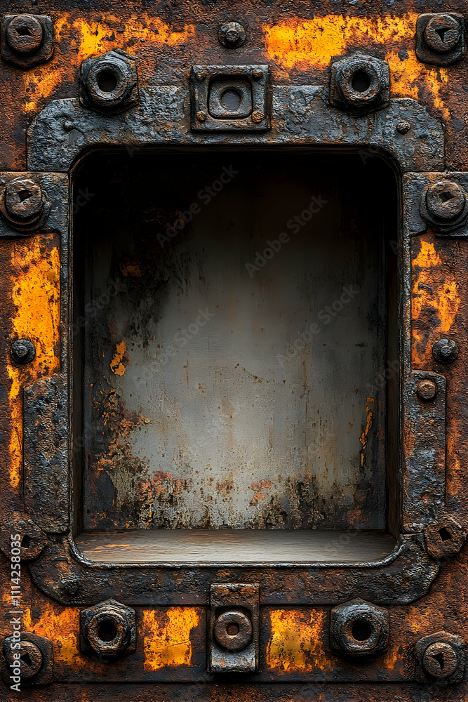 Rusty metal panel with empty square frame. Rusty metal panel with empty square frame.