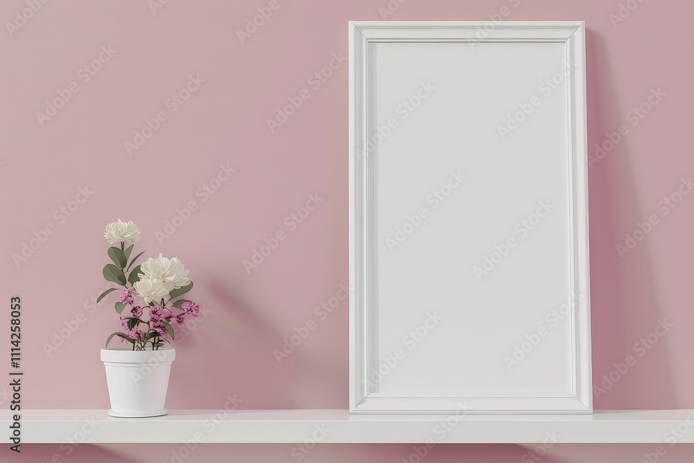 Blank white frame mockup on a pink wall with a white shelf and a small potted plant with white and purple flowers Blank white frame mockup on a pink wall with a white shelf and a small potted plant with white and purple flowers