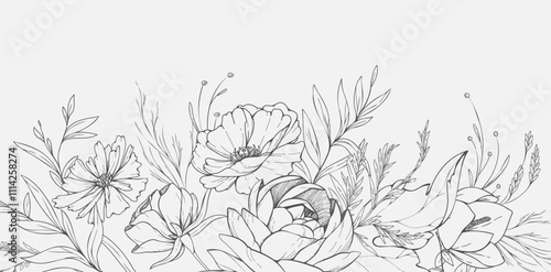Floral bakground with bouquet of various flowers. Botanical foliage for wedding invitation, wall art or wallpaper. Vector illustration. Luxury inked