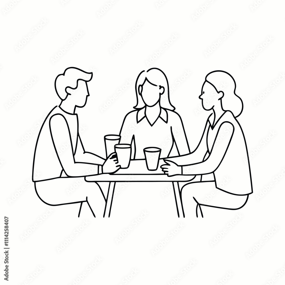 a continuous line drawing of three people sitting at a table and having a conversation a continuous line drawing of three people sitting at a table and having a conversation