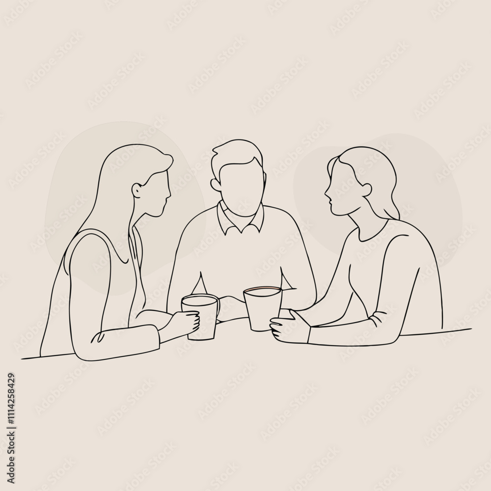 a continuous line drawing of three people sitting at a table and having a conversation a continuous line drawing of three people sitting at a table and having a conversation