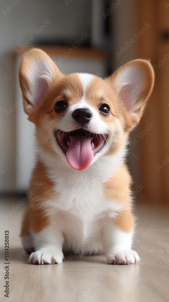 Corgi puppy playing indoors with cheerful expression Corgi puppy playing indoors with cheerful expression