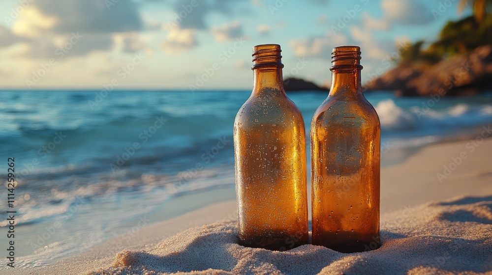 Two amber bottles resting on a sandy beach with ocean waves in the background at sunset. Two amber bottles resting on a sandy beach with ocean waves in the background at sunset.