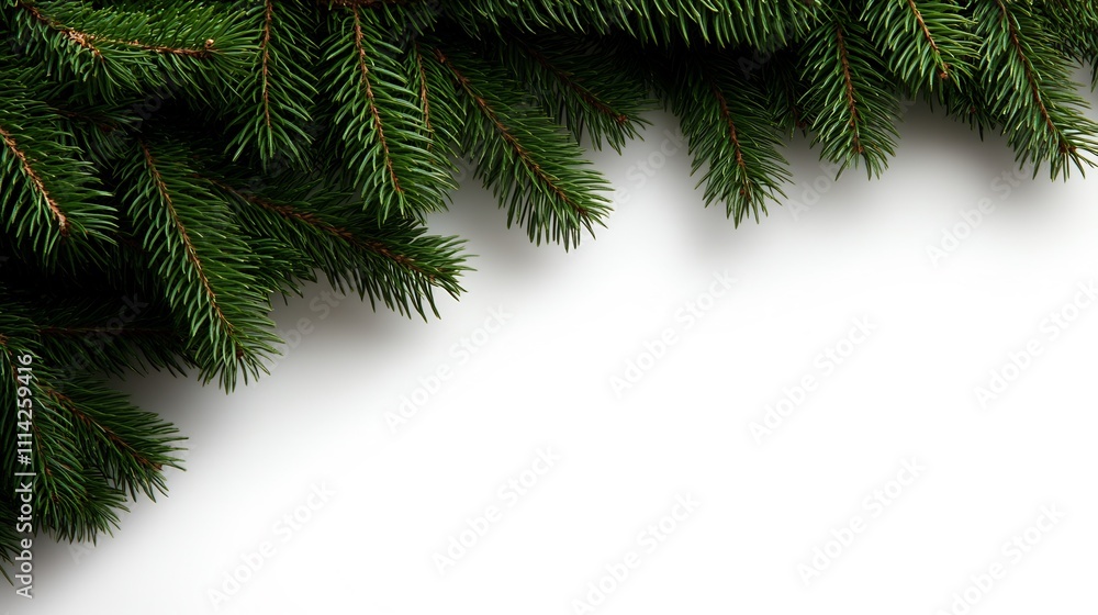 Lush green pine branches corner border on white. Lush green pine branches corner border on white.
